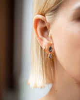 Gusher Blue Sapphire Drop Earrings 001 on model.