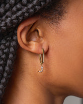 Gold Solid Tiny Loop Hoop Earrings and Shrimp Cocktail Charm on model.