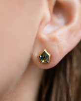 Teal Bicolor Sapphire Geyser Stud Earrings on model.