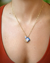 Instant Ramen Charm paired with 3.5mm Beveled Oval Chain Necklace on model.