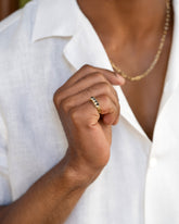 Gold Black Spinel Five Triangle Ring on male model.