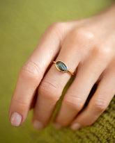 Gusher Green Sapphire Ring 002 on model.