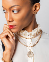 Link Bracelet, Full Black Diamond Left Spiral Stud Earring Single, Grand Duality Medallion Pendant and Infinite Spiral Necklaces on model.