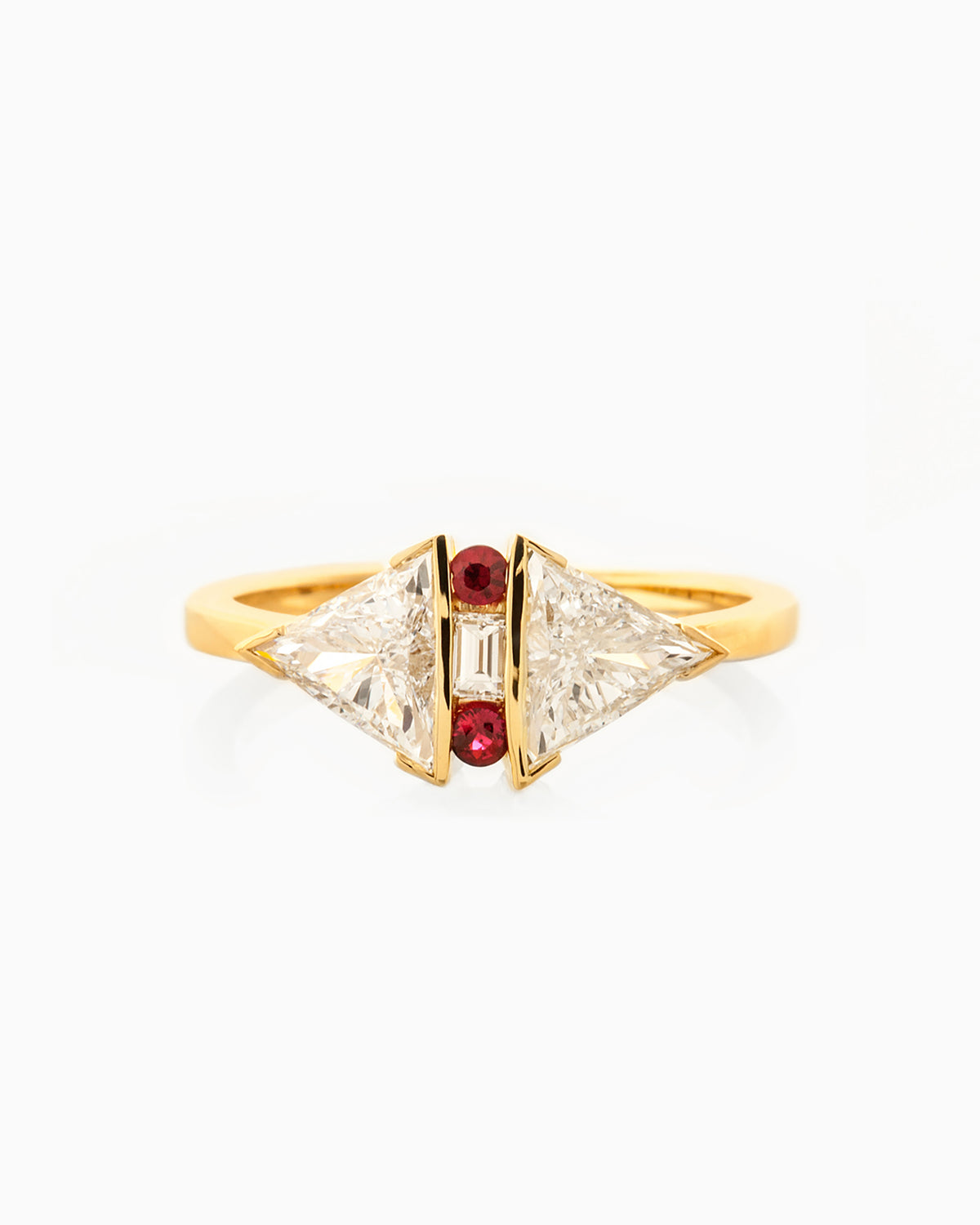 Trillion White Diamond & Ruby Ring front view