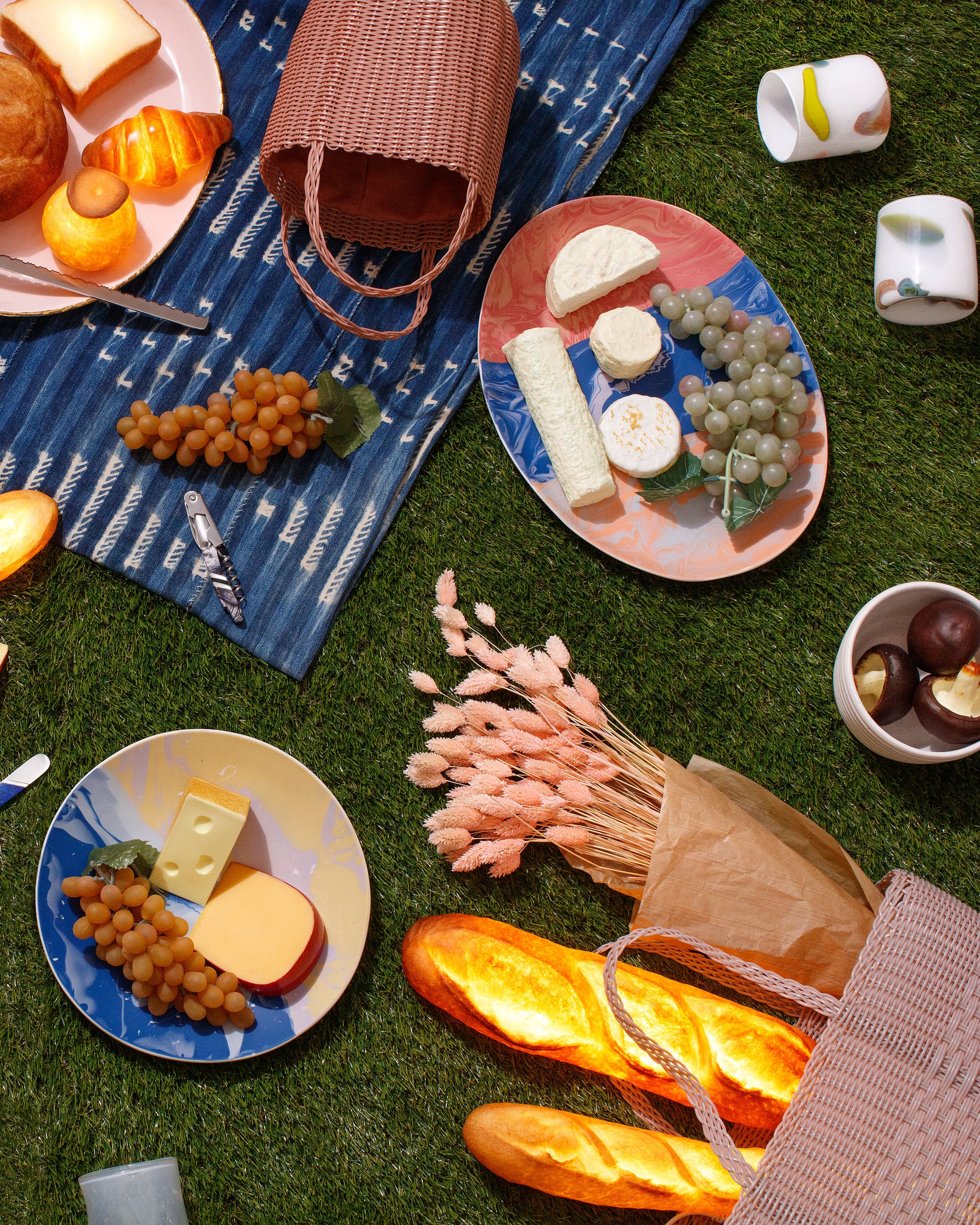 Styled Image featuring Pampshade Baguette and BatardLamps, Balefire Glass White Epiphany Cups, a Santa Fe Waiter's Knife and a Palorosa Tote Bag Basket.