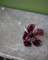 Alex Rosenbaum Red Glass Flower on green background.