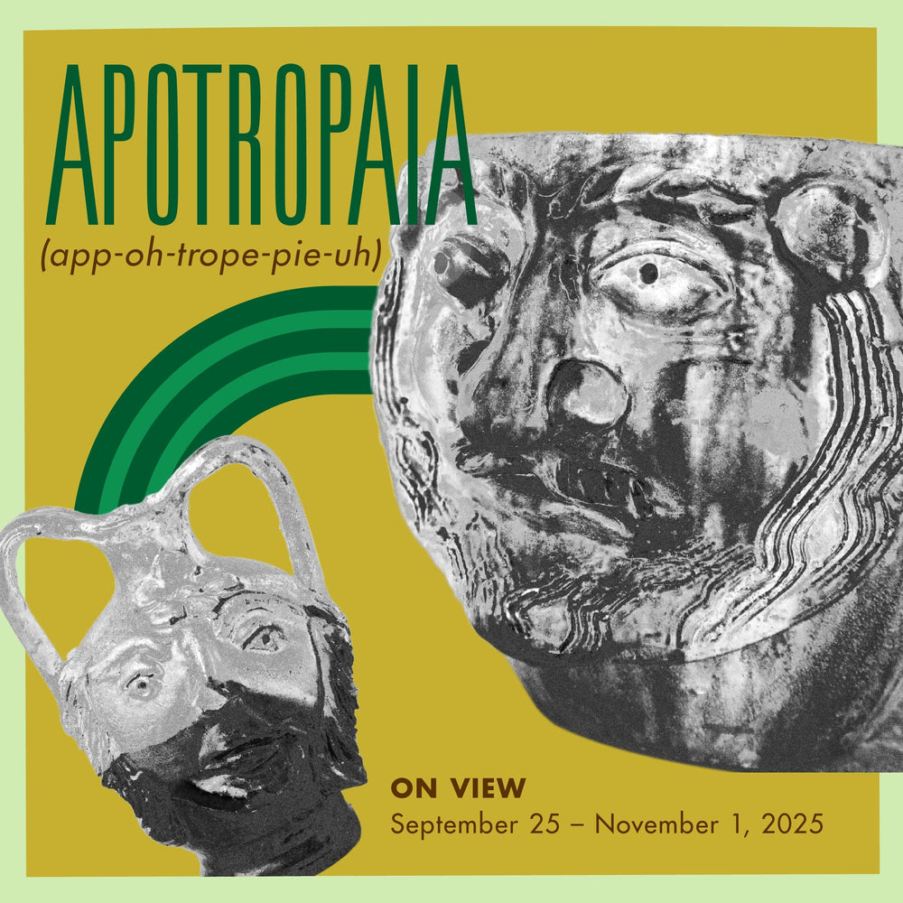 product_details::Green and yellow event poster for Mociun Fine Jewelry & Home's exhibition. The text reads 'Apotropaia: On View September 25 - November 1' and is illustrated with graphic cut-out representations of works included in the exhibition.