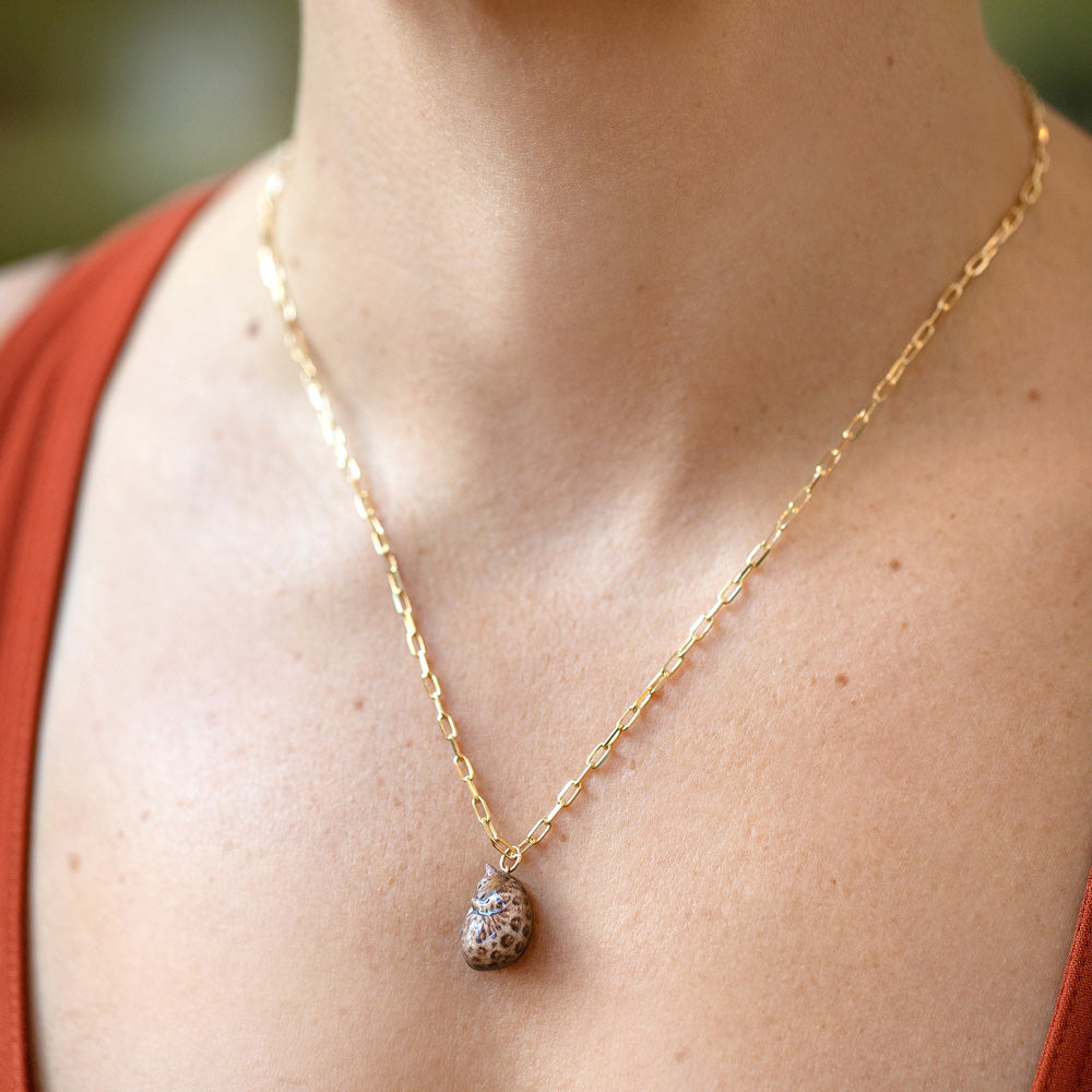 product_details::Curled-Up Cat Charm paired with 3.5mm Beveled Oval Chain Necklace on model.  Charm available separately.