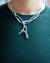 CRZM Sterling Silver Canyon Necklace and CRZM Letter A Large Sterling Silver Letter Charm on model.