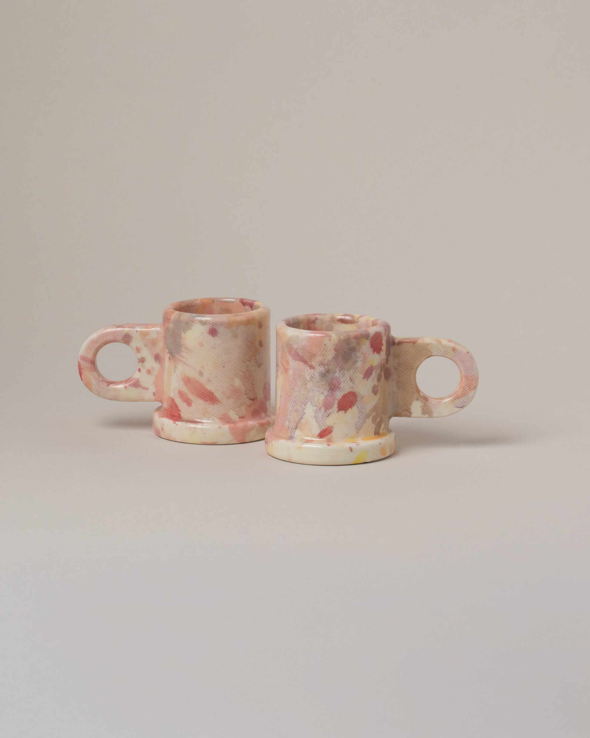 Echo Park Pottery by Peter Shire Rose Splatter Espresso Mug Set on light color background.