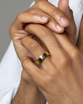 Gold Australian Bicolor Sapphire North South 6mm Baguette-Set Piet Band on male model.