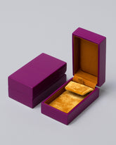 Earrings Purple Lacquer Box on light color background.
