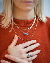 Rice Pearl Long Oval Necklace, Reverence Necklace and Hotdog Chain Necklace on model.