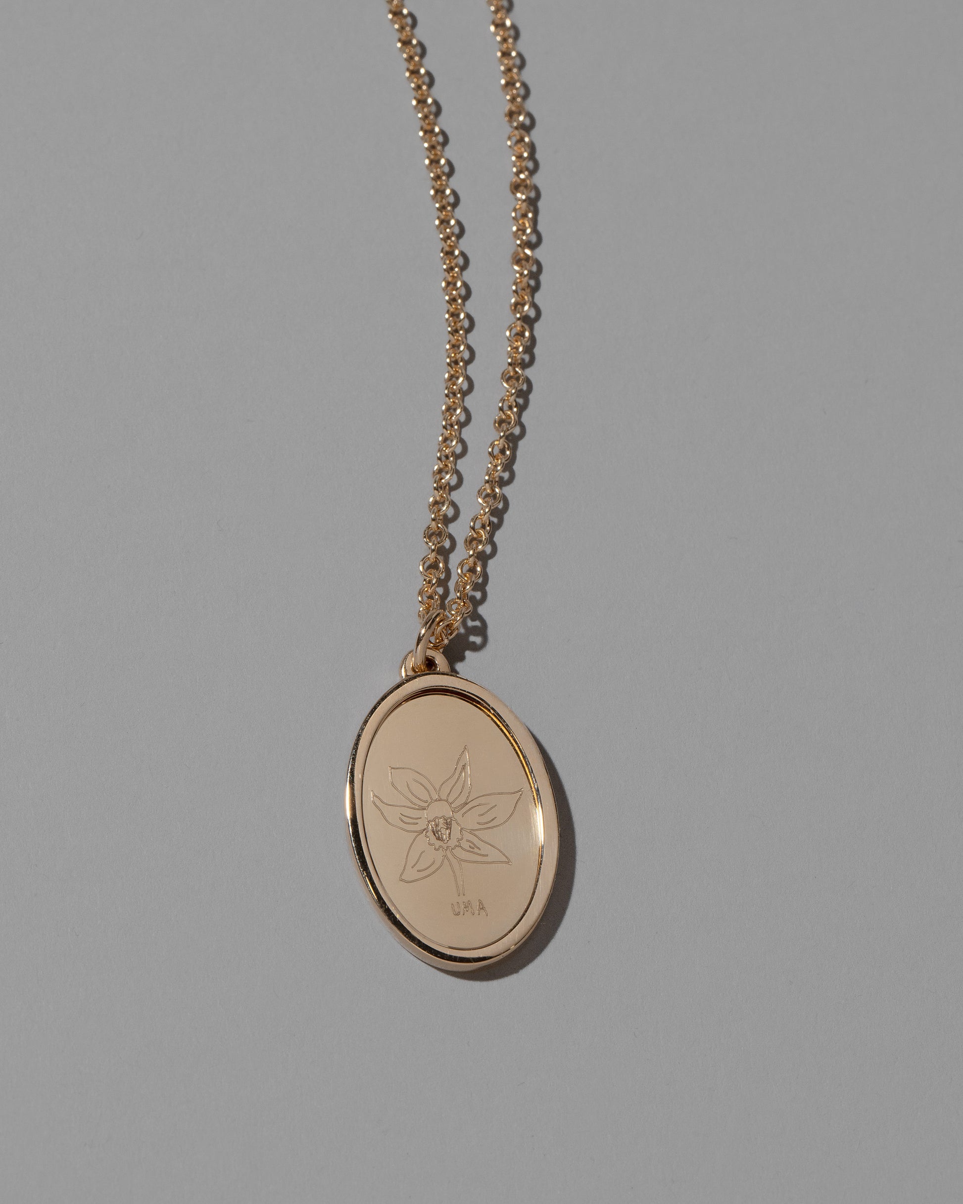 Closeup details of a finished Large Oval Memento Necklace on light color background.