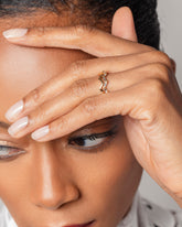 Gold Solid Square Wire Zig Zag Band and Gold White Diamond Baguette Zig Zag Band on model.