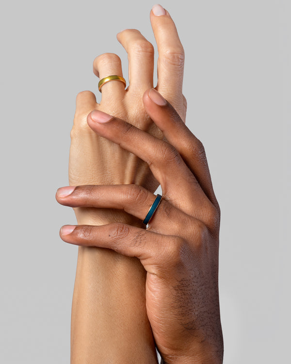 Gold 4mm Enamel Band in Daffodil and Gold 4mm Enamel Band in Veridian on models.