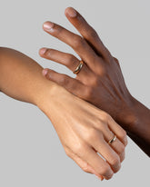 Gold 4mm Half Round Bands on models.