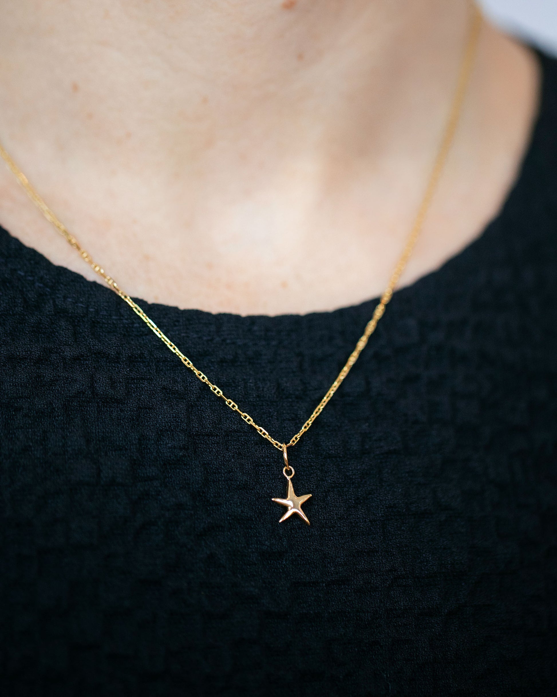 Hot Dog Chain Necklace and Gold Verve Five Point Star Charms on model.