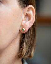 Teal Bicolor Sapphire Geyser Stud Earrings on model.