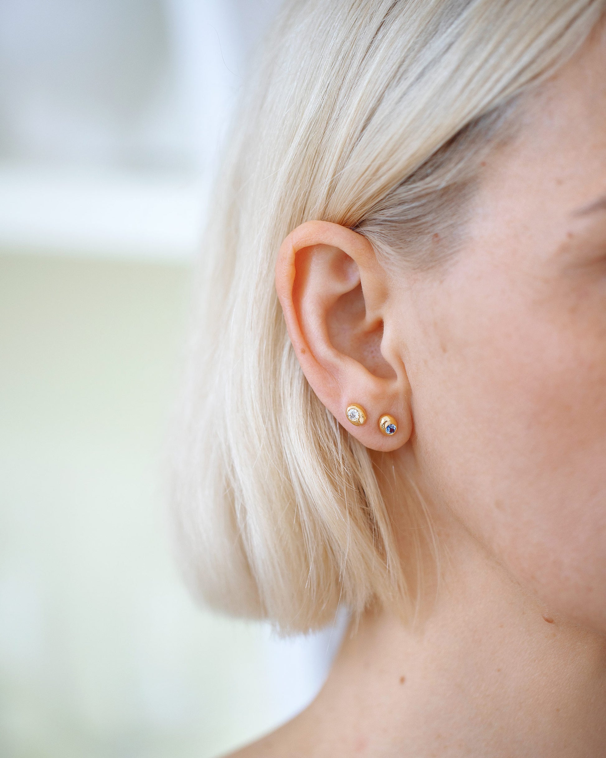Diamond Birthstone Level Stud Earring and Bicolor Sapphire Level Stud Earrings.