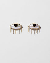 Pearl Eye Earrings on light color background.