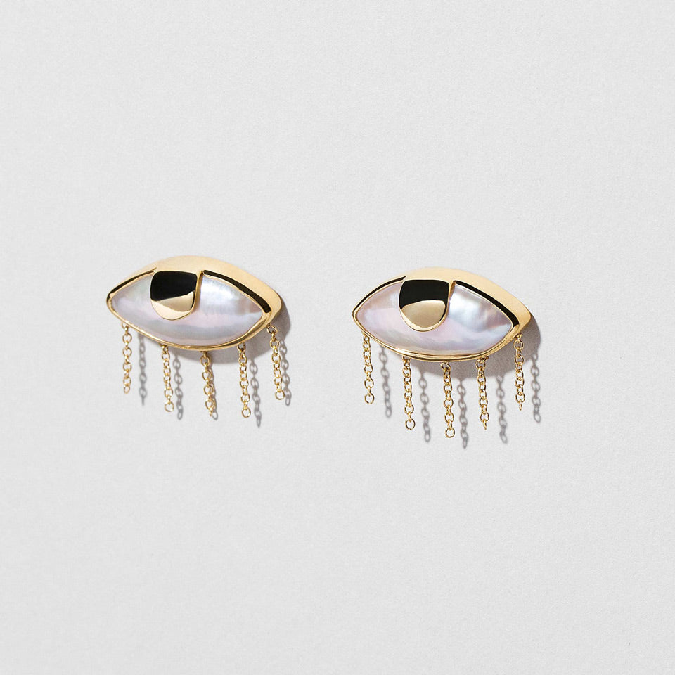 product_details::Closeup details of the Pearl Eye Earrings on light color background.