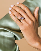 Peach Sapphire Eleven Trillion Ring, Blue Sapphire Eleven Trillion Ring, Lavender Sapphire Eleven Trillion Ring and Yellow Sapphire Eleven Trillion Ring on model.