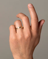 Gold 3mm Etched Lines Band on model.