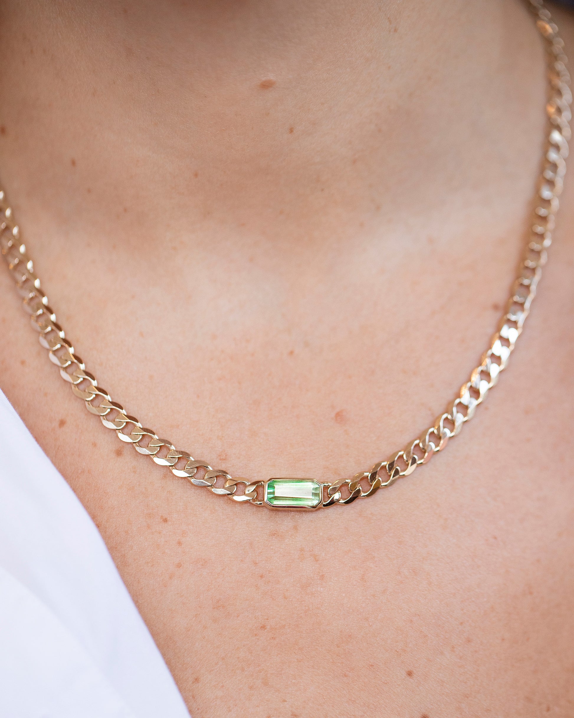 Identity Chain Bicolor Garnet Necklace 001 on model.