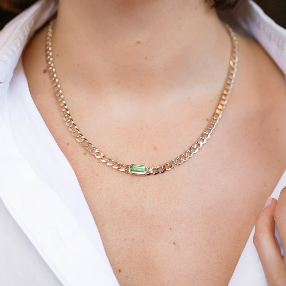 product_details::Identity Chain Bicolor Garnet Necklace 001 on model.