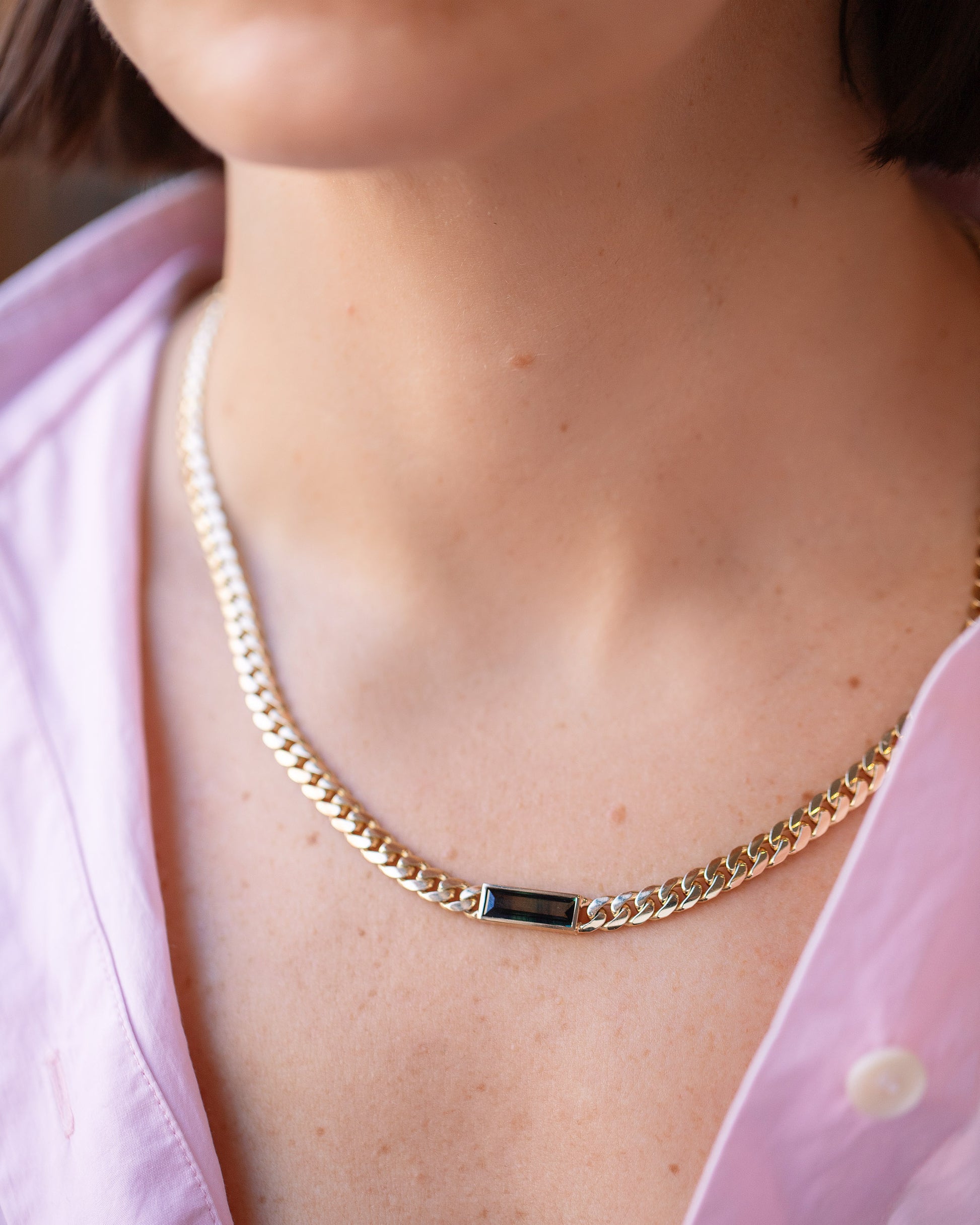 Identity Chain Bicolor Sapphire Necklace 001 on model.