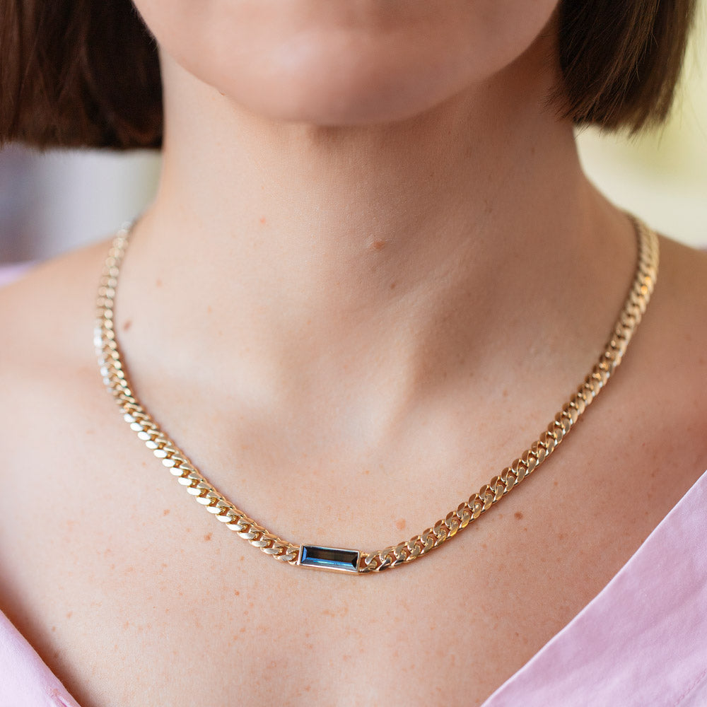 product_details::Identity Chain Bicolor Sapphire Necklace 001 on model.