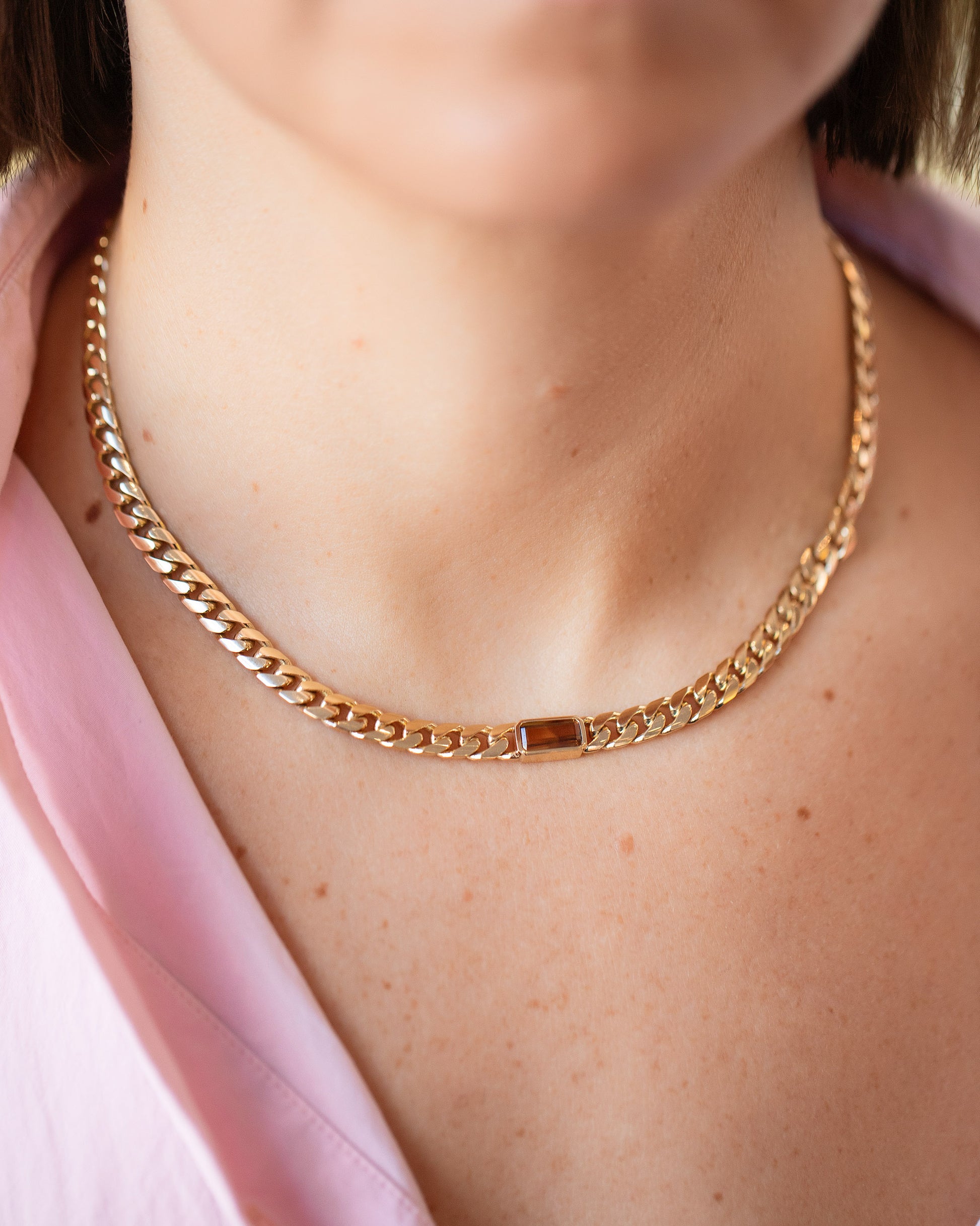 Identity Chain Chrysoberyl Necklace 001 on model.