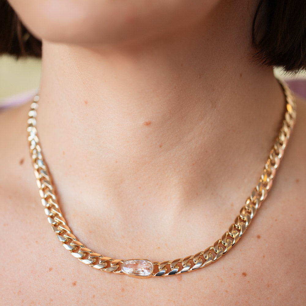 product_details::Identity Chain Diamond Necklace 001 on model.