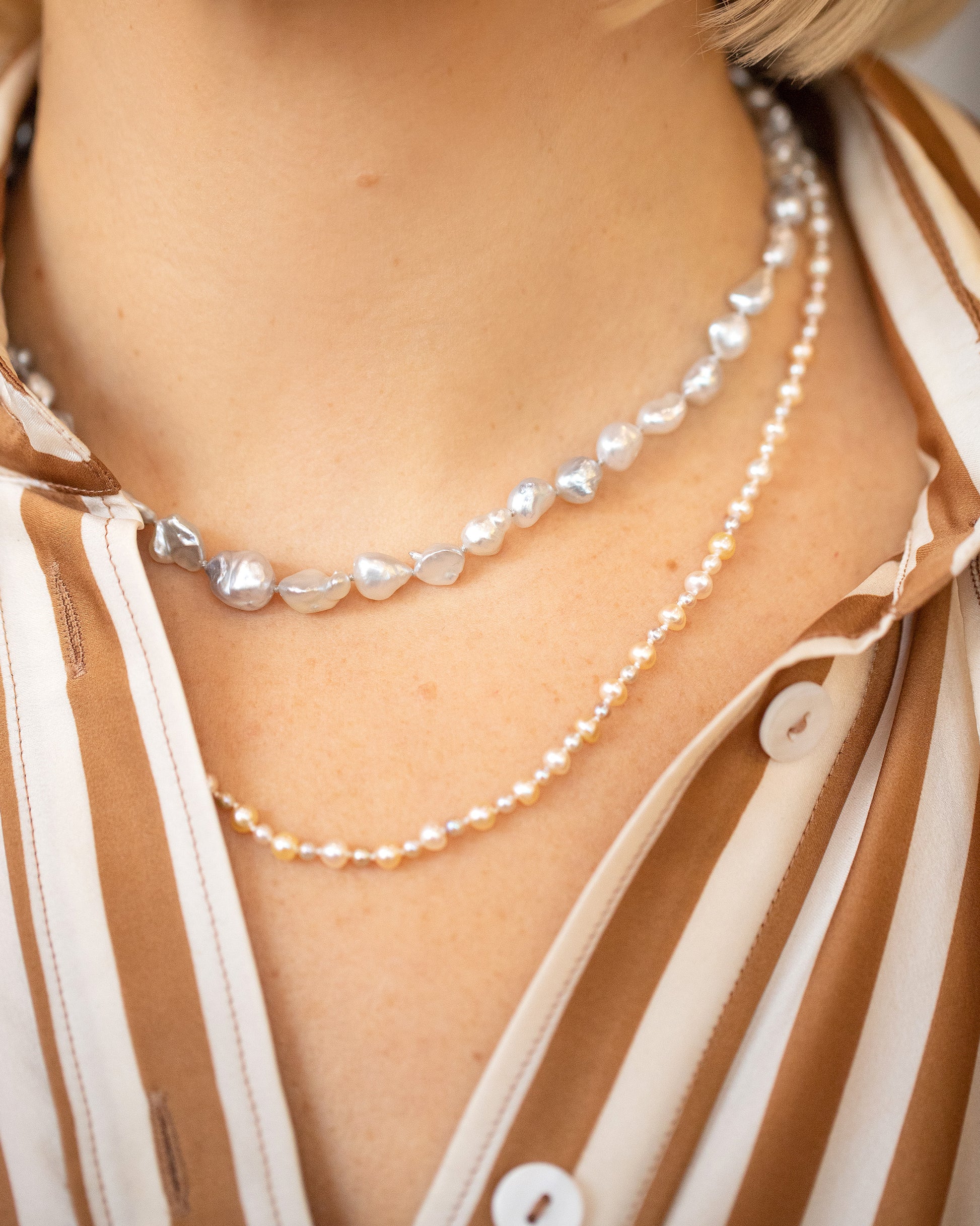 Ula Pearl Necklace 007 and Ula Pearl Necklace 001 on model.