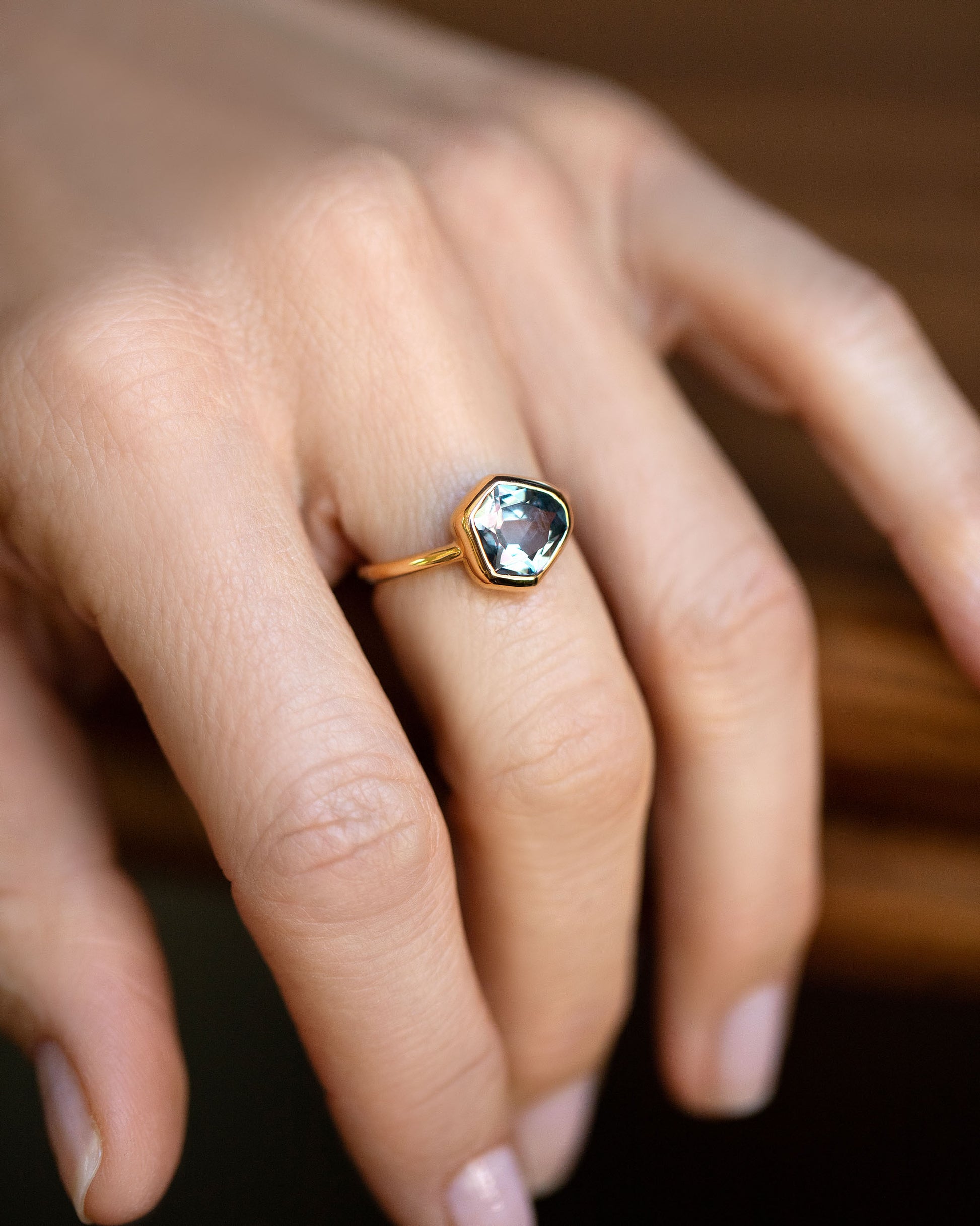 Geyser Purple Sapphire Ring 003 on model.