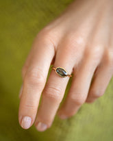 Gusher Green Sapphire Ring 002 on model.