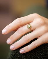 Gusher Green Sapphire Ring 004 on model.