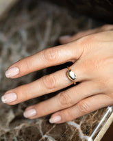 Gusher Green/Yellow Sapphire Ring 034 on model.