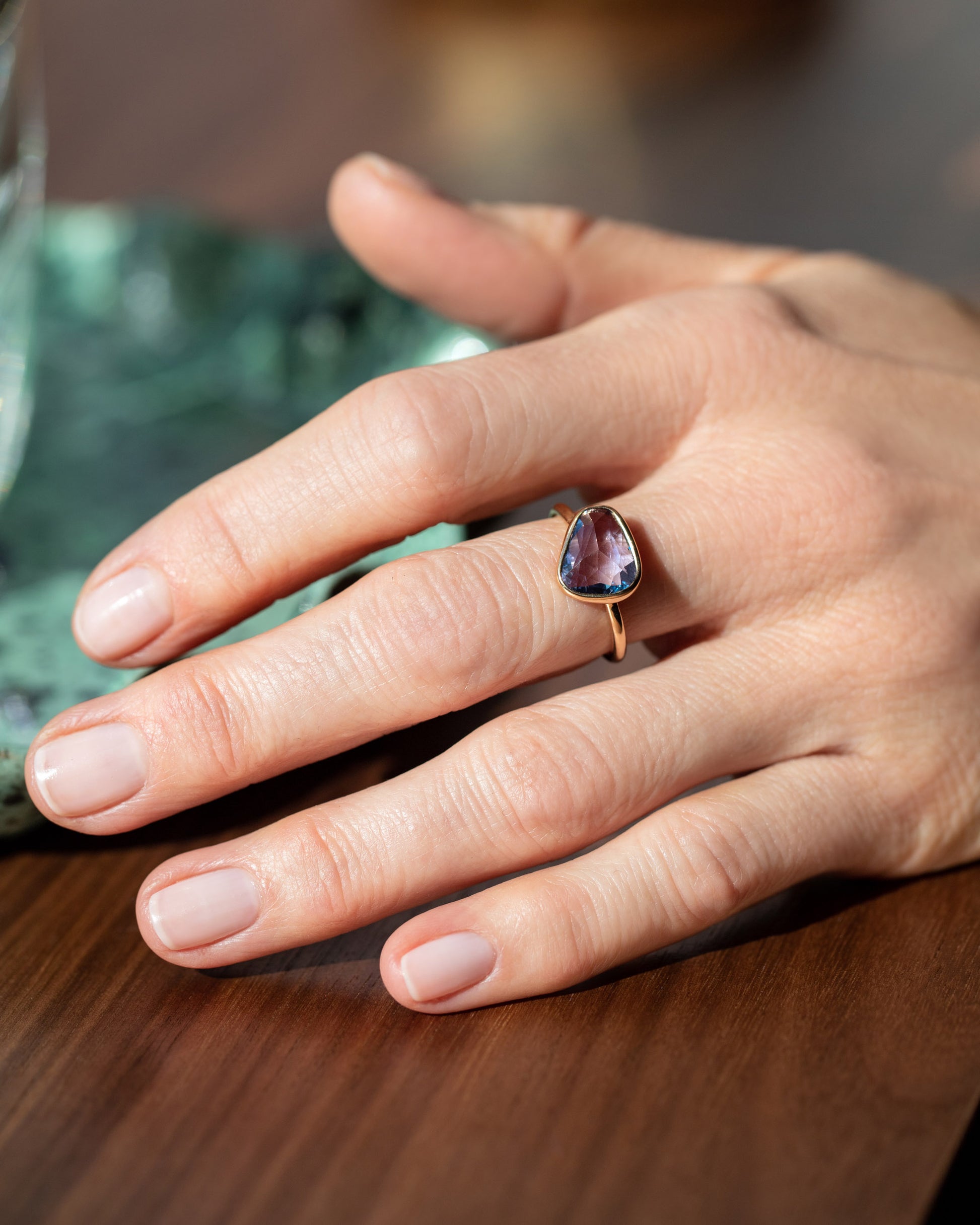 Gusher Purple Sapphire Ring 001 on model.