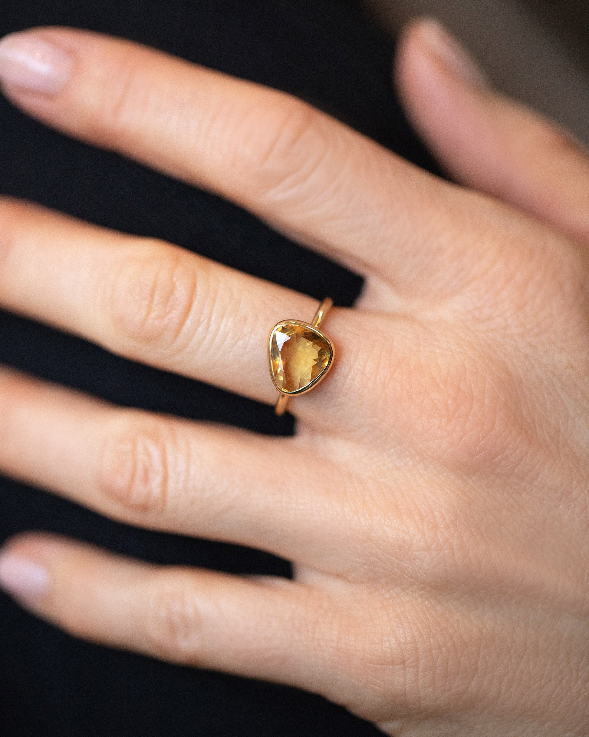 Gusher Yellow Sapphire Ring 035 on model.