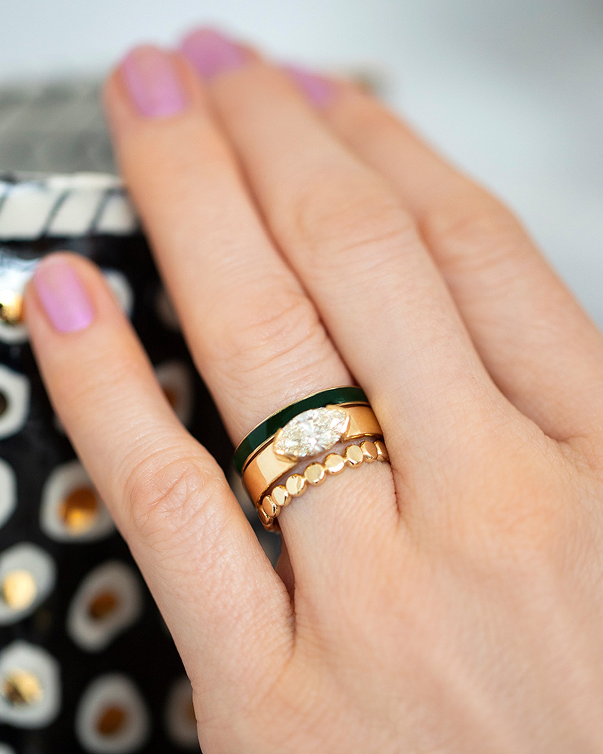 Gold Veridian 4mm Enamel Band, Positivism Ring and Gold One Tier Mimosa Band on model.