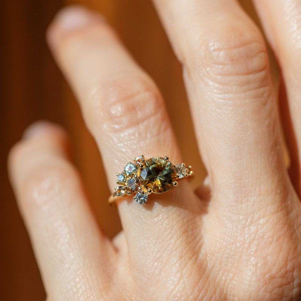 product_details::Bicolor Sapphire Vega Ring on model.
