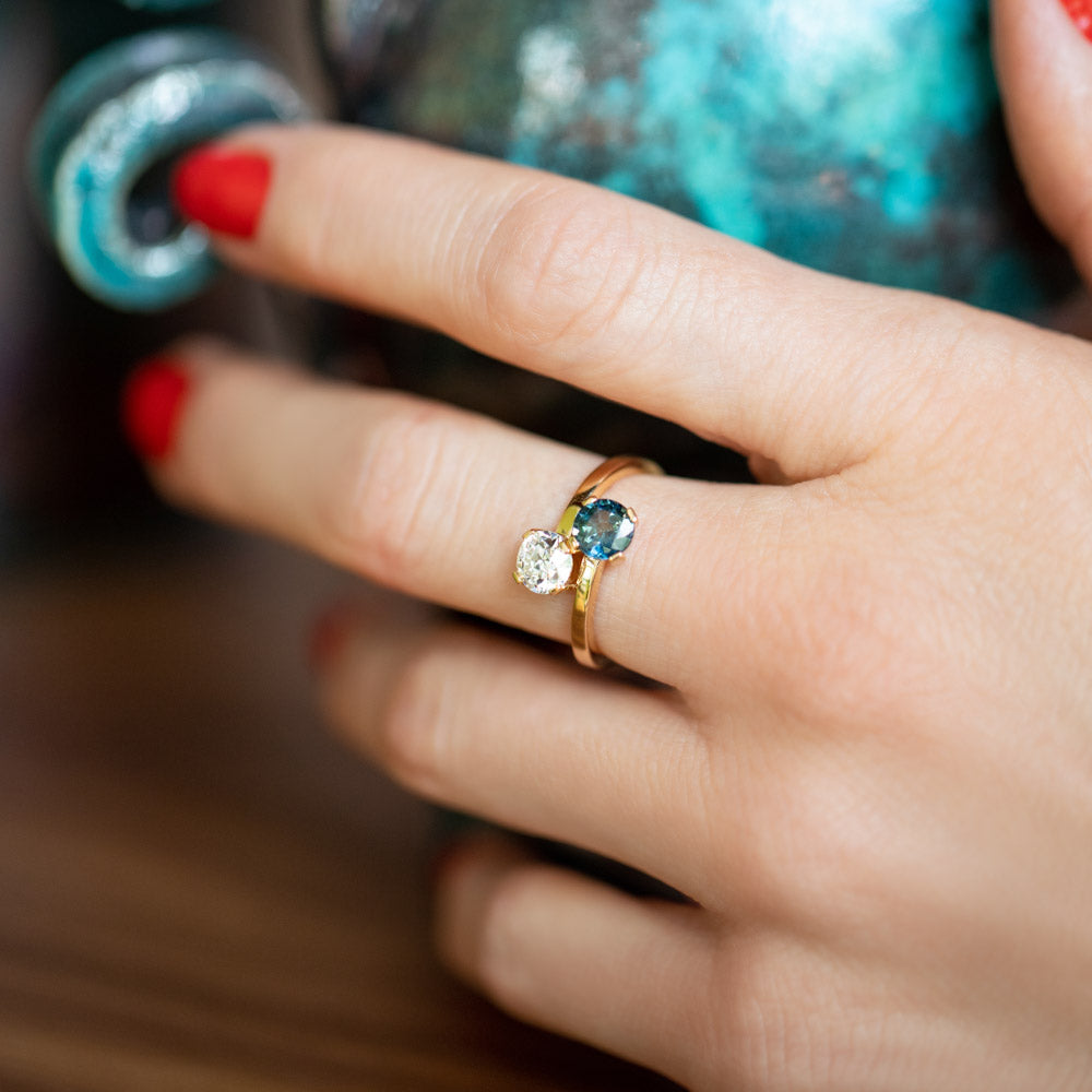 product_details::Sapphire & Diamond Union Ring on model.