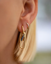 Gold Solid Link Huggie Hoop Earrings, Huggie Gold Diamond Snack Hoop Earrings, Saltine Cracker Charm and Sardine Fish Charms on model.