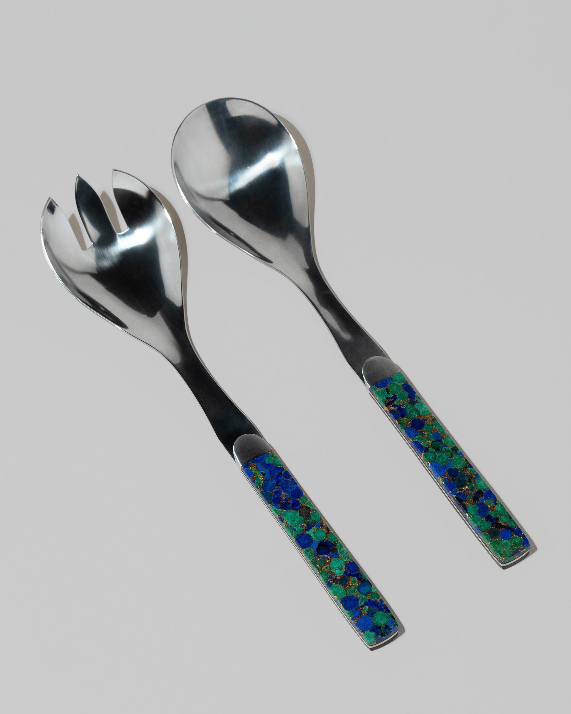 Santa Fe Stoneworks Azurite and Lapis Salad Serving Set on light color background.