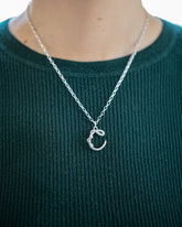CRZM 2.5mm Sterling Silver Short Loop Chain Necklace and CRZM Letter C Medium Sterling Silver Letter Charm on model.