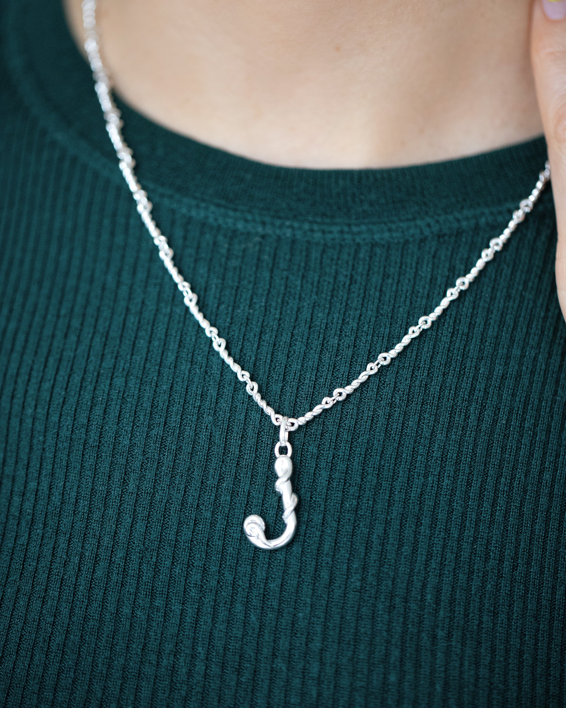 CRZM Sterling Silver Double Helix Chain Necklace and CRZM Letter J Medium Sterling Silver Letter Charms on model.