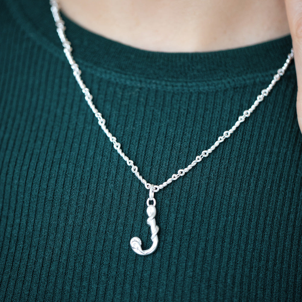 product_details::CRZM Sterling Silver Double Helix Chain Necklace and CRZM Letter J Medium Sterling Silver Letter Charms on model.