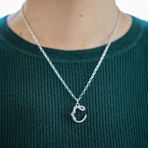 product_details::CRZM 2.5mm Sterling Silver Short Loop Chain Necklace and CRZM Letter C Medium Sterling Silver Letter Charm on model.